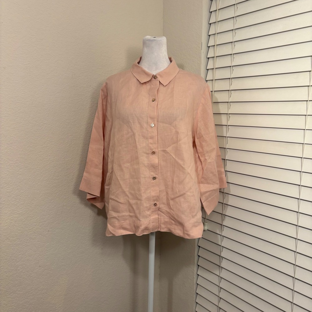 Eileen Fisher Pale Orange Pink Organic Linen Boxy Wide Sleeve Button Down Sz M